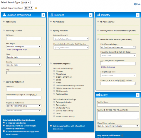 Snapshot of Water Pollution Search form.