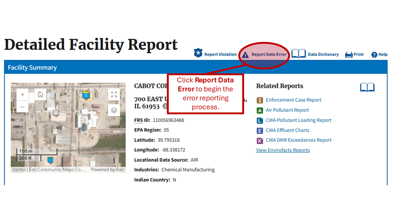 An image of the Detailed Facility Report with the Report Data Error button at the top of the page highlighted. Includes description Click Report Data Error to begin the error reporting process.