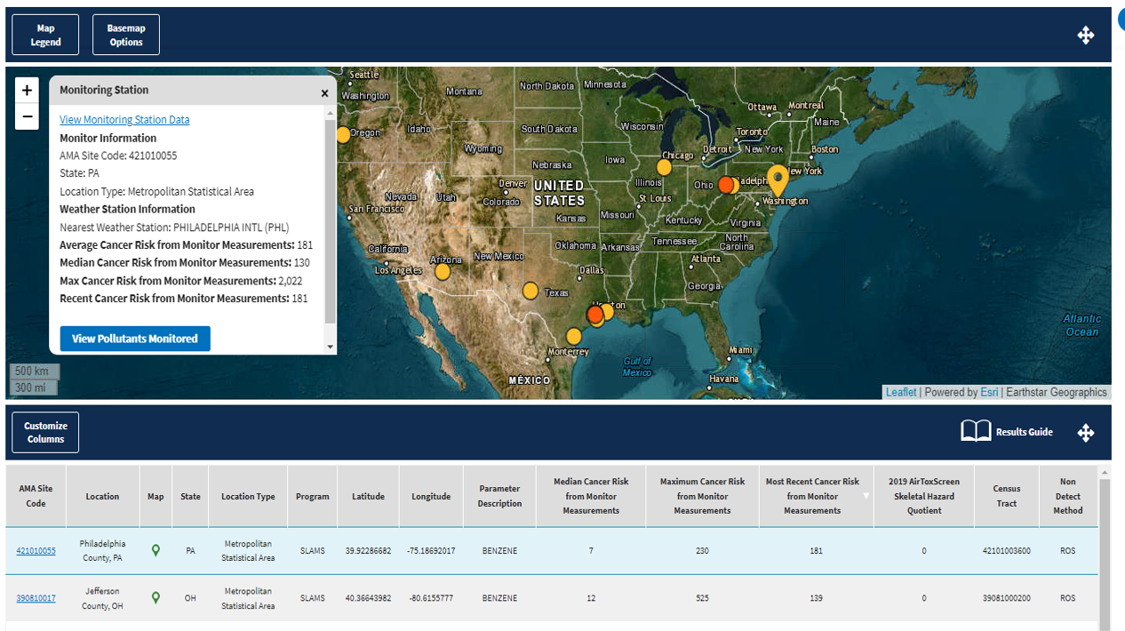 ECATT AMS search results page showing a monitoring station map pin selected