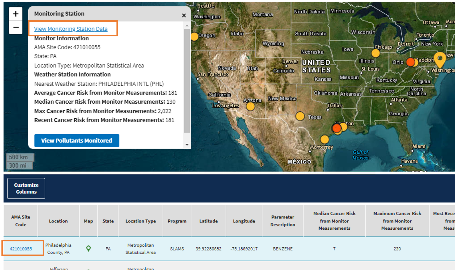 ECATT AMS search results page showing that selecting a map pin highlights that station in the data table