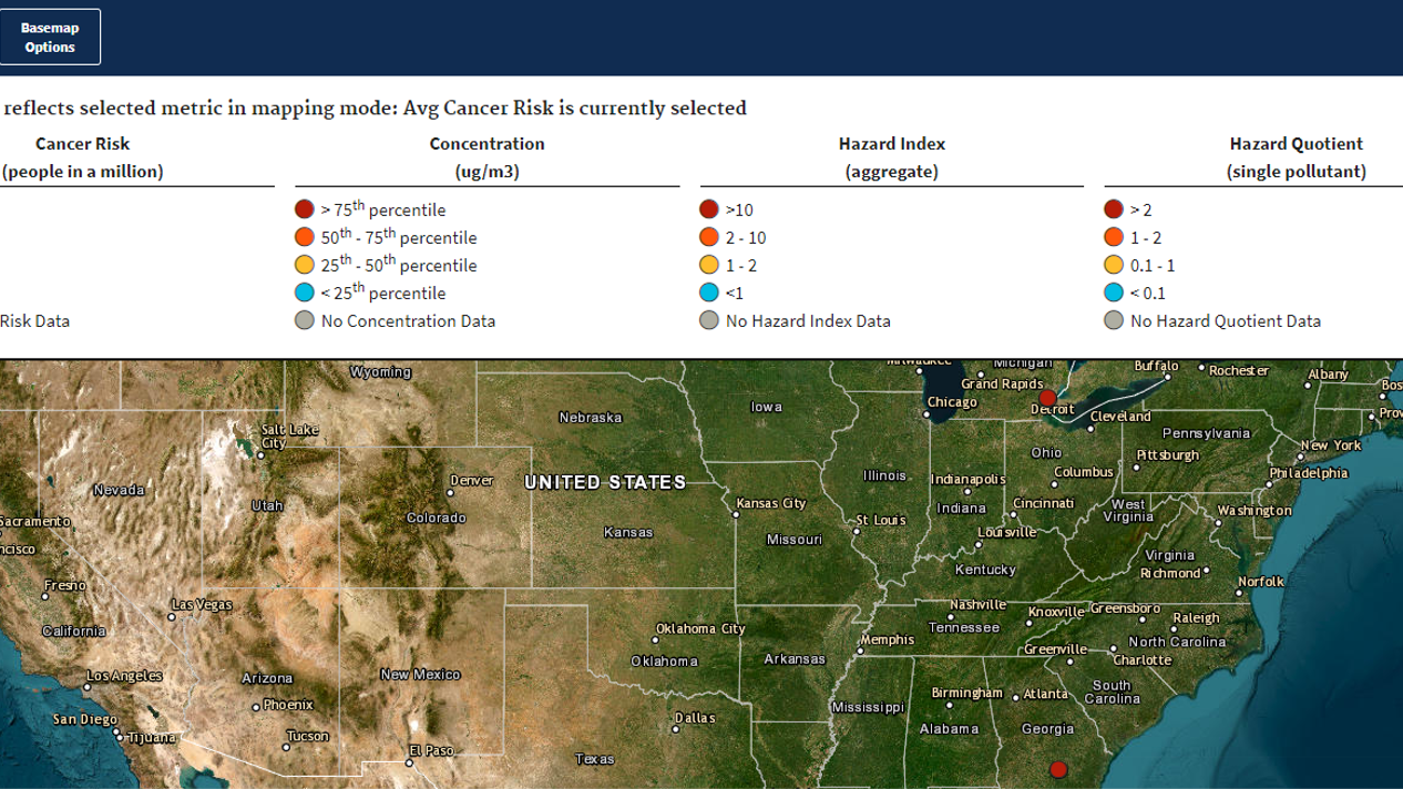 Map with map pins and map legend on search results page