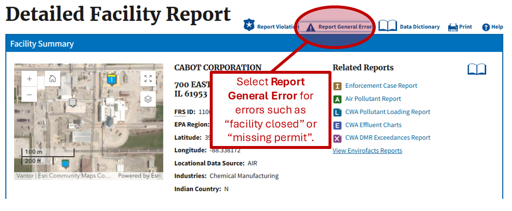 An image of the Detailed Facility Report with the Report General Error button at the top of the page highlighted. Includes description Select Report General Error for errors such as facility closed or missing permit.