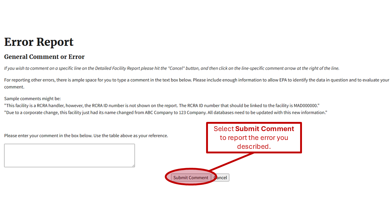 An image of the Error Report - General Comment or Error page. Includes description Select Submit Comment to report the error you described.