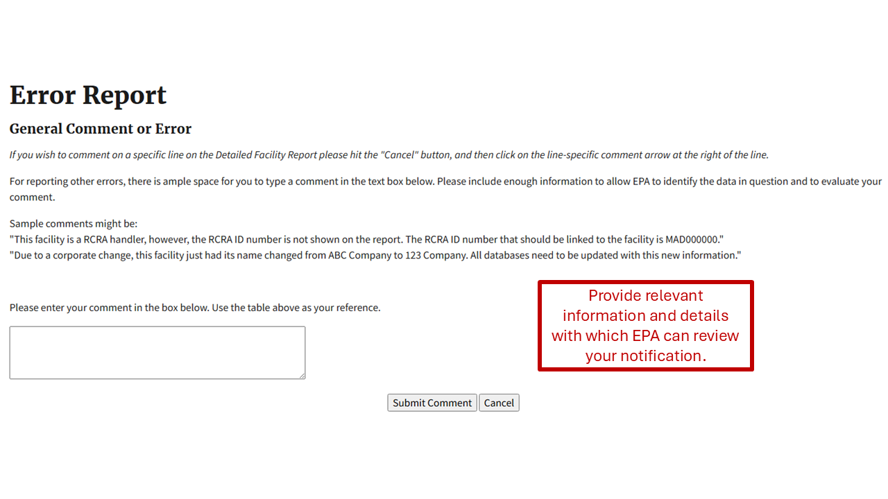 An image of the Error Report - General Comment or Error page. Includes description Provide relevant information and details with which EPA can review your notification.