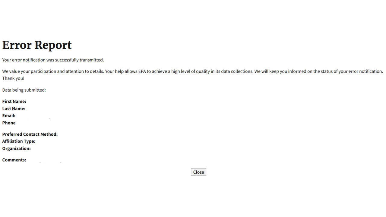 Notification of Successful Error Report to EPA's Integrated Error Correction Process