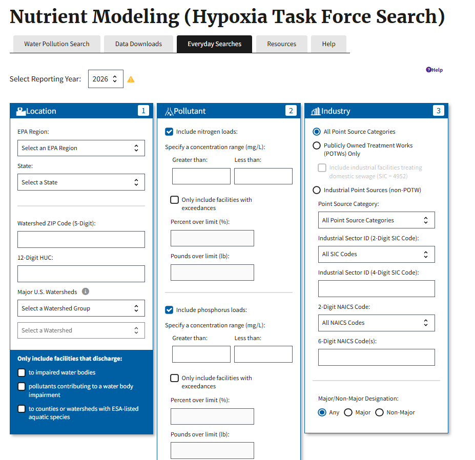 Screenshot of the Loading Tool's Nutrient Modeling (Hypoxia Task Force Search) webpage