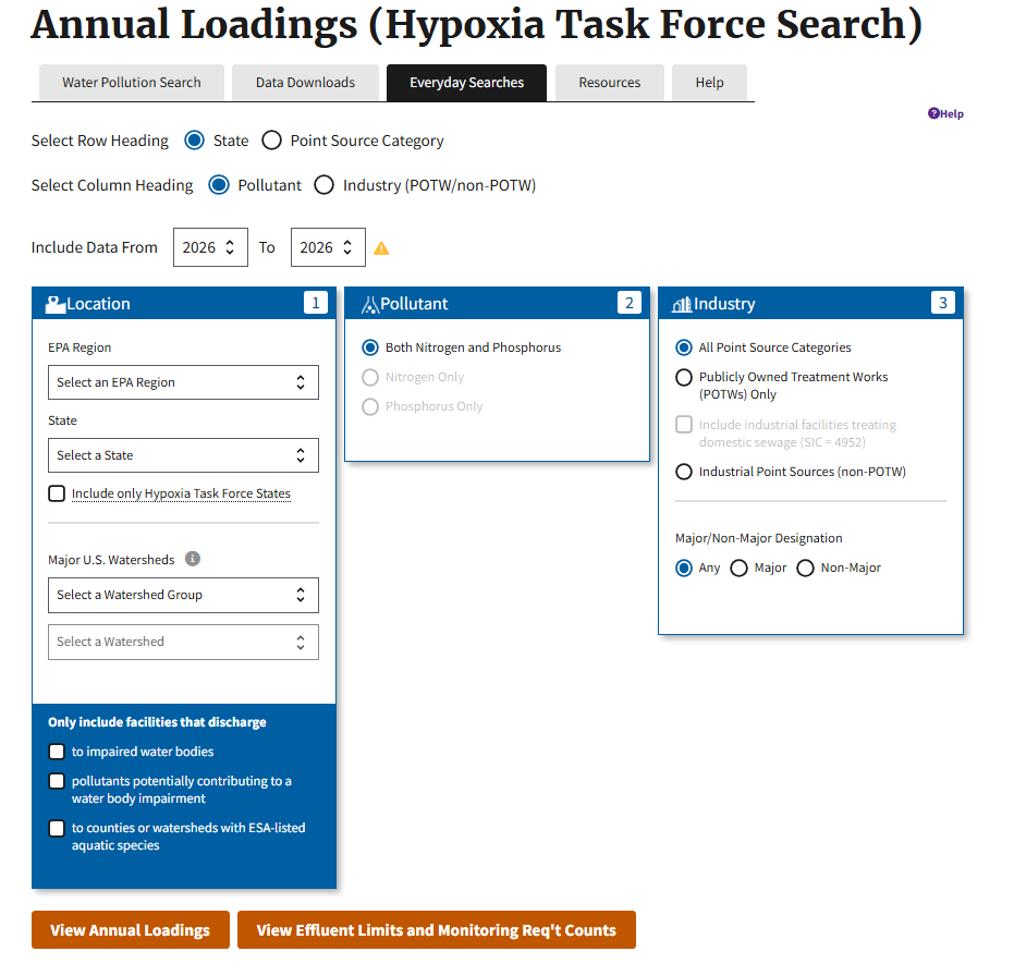 Screenshot of the Loading Tool's Annual Loading (Hypoxia Task Force Search) webpage