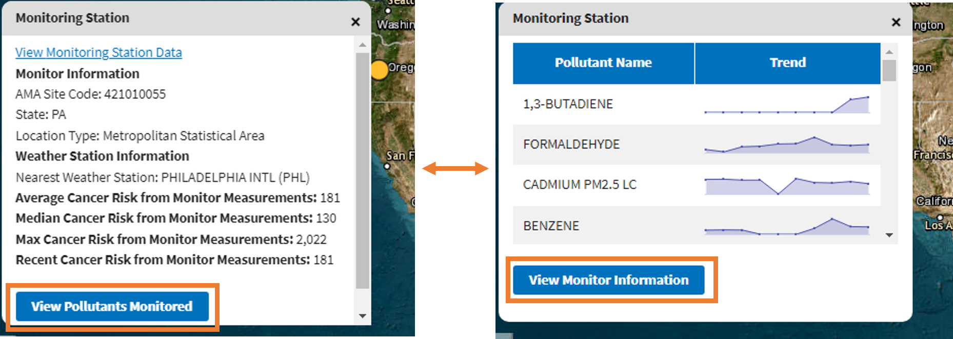 Pollutants Monitored and Monitor Information pop-up screens on search results map