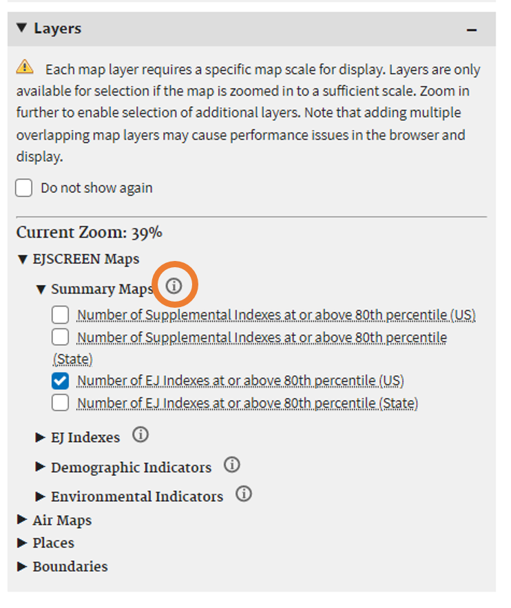 The Layers panel on the search results page with the 'Number of EJ Indexes at or above 80th percentile (US)' selected.