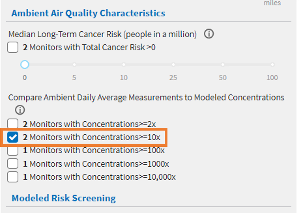 Ambient Air Quality Characteristics section from side panel of the search results page showing '2 Monitors with Concentrations>=10x' selected.