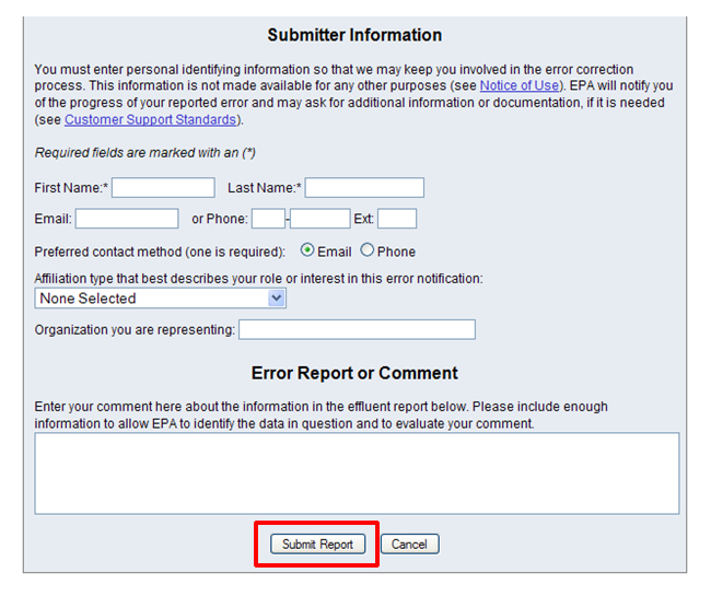 Detailed Facility Report Error Reporting Form