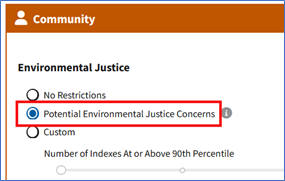 Search criterion to select "Potential Environmental Justice Concerns"